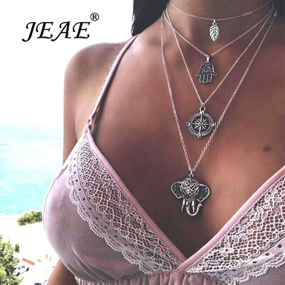 

Bohemian Elephant Moon Shell Pendant Necklace For Women Golden Silver Long Necklace Layered Chain Chokers Collier Boho Jewelry