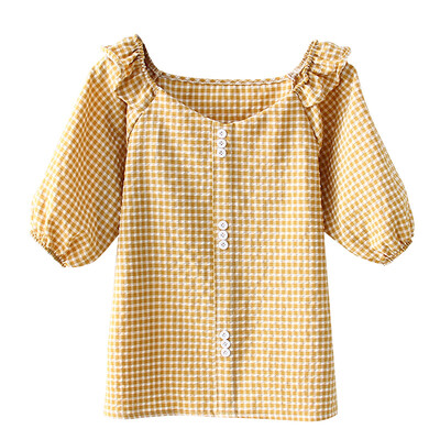 

V Neck Womens Shirt Short Sleeve Plaid Casual Blusa Feminina Sweet Cotton Female Ruffles Blouse Tops blusas mujer de moda