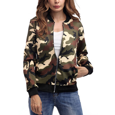 

Womens Casual Modern Jackets Camouflage Print Zipper Coats Outwear Camo Tops