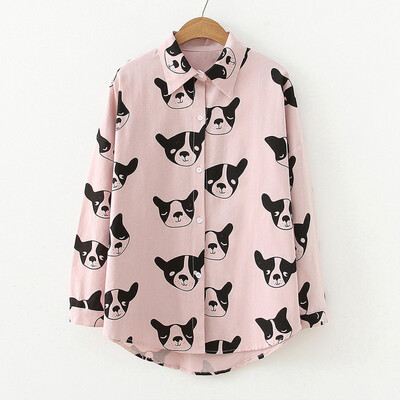 

Tailored Women Autumn Long Sleeve Cartoon Dog Print Loose Button Shirt Casual Blouse Tops