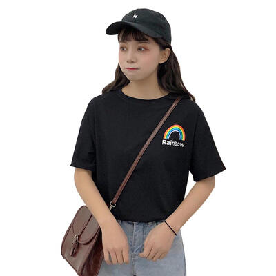 

Simple Rainbow Print Women Short Sleeve Students Cotton T-shirt Casual Tops