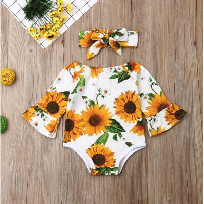 

Infant Baby Girl Floral Romper Bodysuit Long Sleeve Ruffle Sunflowers One Piece Jumpsuit With Headband Outfit Sunsuit 3-24M