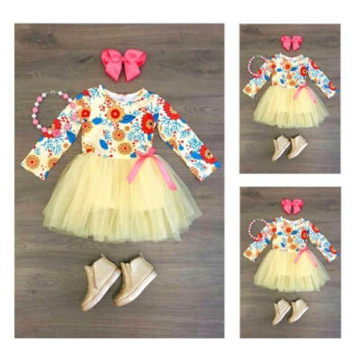 

Sweet Flower Toddler Kids Baby Girls Princess Long Sleeve Tulle Dress Clothes 1-6 Years