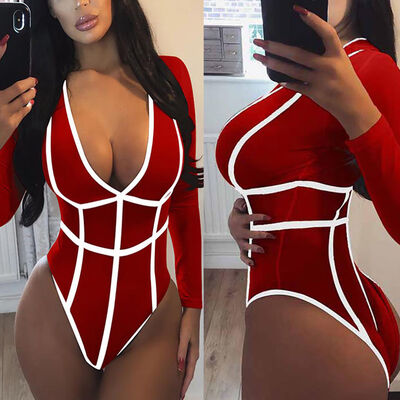 

Fashion Women Contrast Beading Bodysuit Bodycon V-Neck Jumpsuit Romper Leotard Tops Blouse Playsuit Long Sleeve
