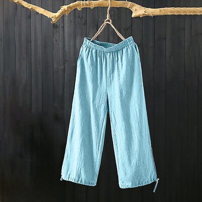 

Plus Size Women Pure Color Tightness Wide Leg Pants Pocket Drawstring Trousers