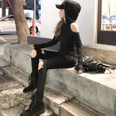 

Women Hoodie Crop Top Ladies Long Sleeve Cold Shoulder Hooded Top Blouse T-shirt