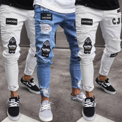 

Fashion Mens Ripped Skinny Jeans Destroyed Frayed Slim Fit Denim Pant Zipper