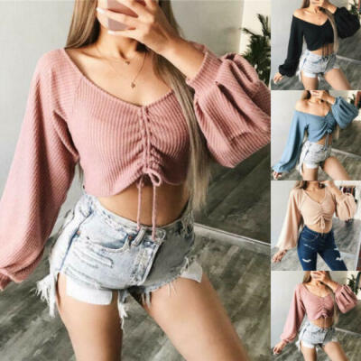 

Women Lady Crop Top Long Lantern Sleeve V Neck Casual T Shirt Top Blouse Sweater