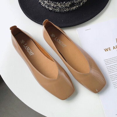 

Bean Shoes Womens Spring Square Head with One Foot on Flat Bottom Leisure Shoes