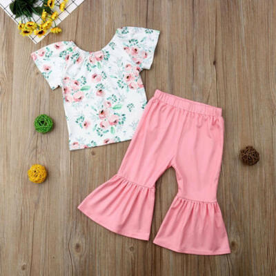 

2Pcs Toddler Kids Baby Girls Clothes Floral Ruffle T Shirt Top Pants Outfits Set