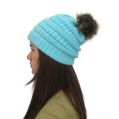 

Tailored Women Autumn Winter Outdoor Faux Fur Ball Hats Crochet Knit Holey Beanie Cap
