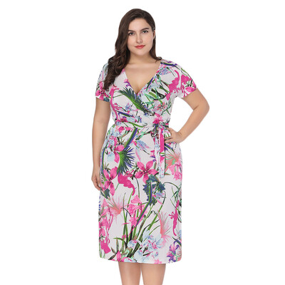 

Plunge Neck Short Sleeve Floral Print Belted Plus Size Women Midi Dress