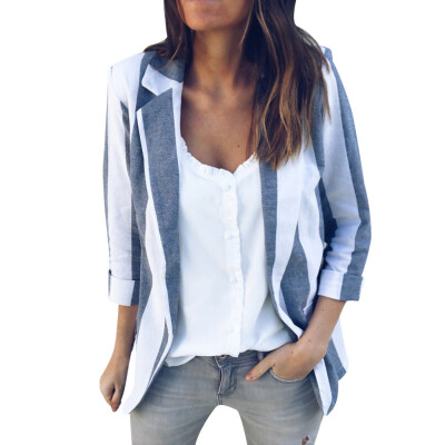 

Toponeto Womens Office Work Long Sleeve Open Casual Striped Cardigan Suit Coat Jacket