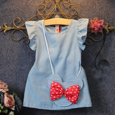 

Cotton Baby Girl Sleeveless Dress Bag Ruffles Bow Demin Casual Dresses Clothes Cute Summer