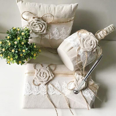 

Wedding Accesorries Burlap Wedding Guest Book Pen Holder Silver Pen Flower Girl Basket Ring Pillow Set Pack of 5