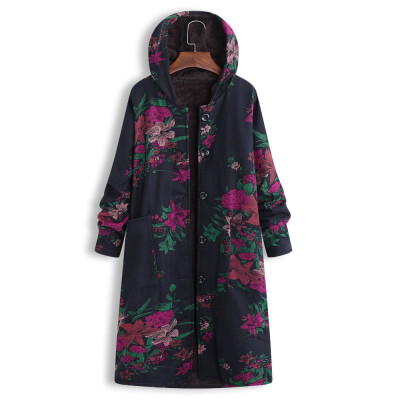 

Roseonmyhand Women Plus Size Button Hooded Cotton Linen Fluffy Print Long Coat Outwear