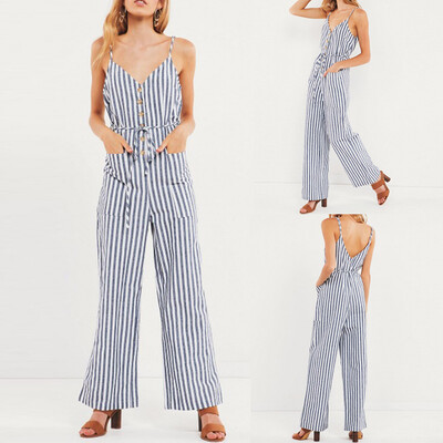 

Starmoon Fashion Sexy Women Stripe Sleeveless Pocket Sash Easy Camisole Jumpsuit