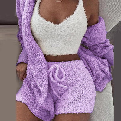 

Toponeto Womens Winter Plush Casual Sportswear Solid Long Sleeves 2 Piece Set