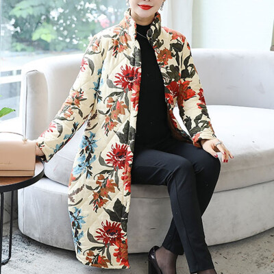 

Tailored Fashion Women Round Collar Warm Retro Printing Top Long Sleeve Blouse Loose Coat