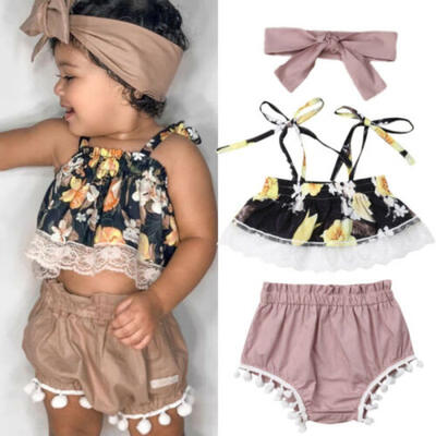 

Toddler Baby Girl Clothes Flower Lace Tops Crop Shorts Headband Summer Outfits
