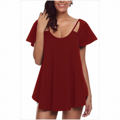 

Round neck short sleeve cross strap solid color casual straight T-shirt top