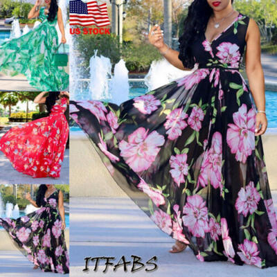 

Women Sleeveless Summer Boho Floral Beach Casual Loose Long Dress Beach Sundress