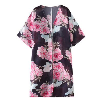 

Women Kimono Cardigan Floral Print 34 Sleeves Slit Boho Loose Long Bikini Cover Ups Beachwear