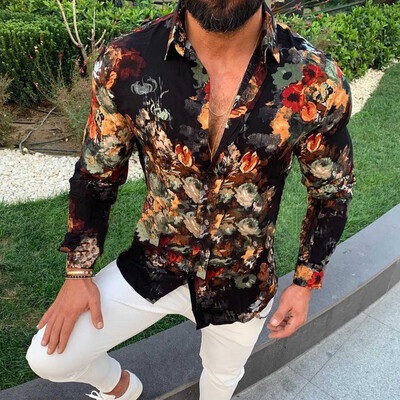 

Toponeto Mens Casual Eur-American Style Slim Printing Long Sleeve Shirts Top Blouse
