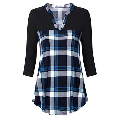

Starmoon Womens 34 Sleeve Henley V Neck Color Block Plaid Tunic Shirt BKL