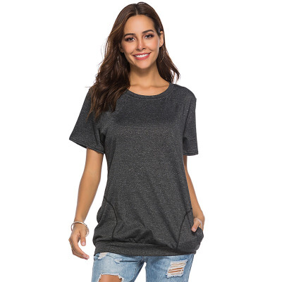 

Women Solid Color Short Sleeve Round Neck Splice T Shirts Tops Tee with Pockets