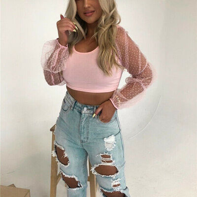 

Women Dot Print Cropped Tops See Through Tee T-shirts Mesh Puff Sleeve Blouse