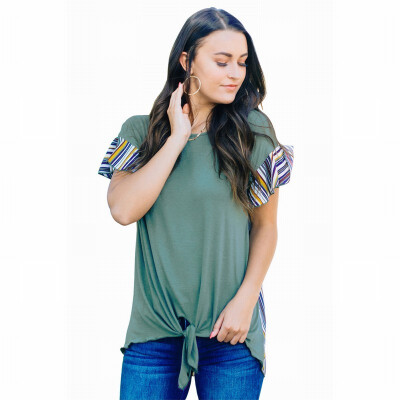 

Colorful striped ruffled T-shirt round neck short-sleeved knotted top