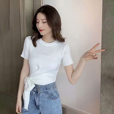 

Sexy Female T-Shirts Lace Up Knitted Top T-Shirt Tee Women Round Neck Cropped Top
