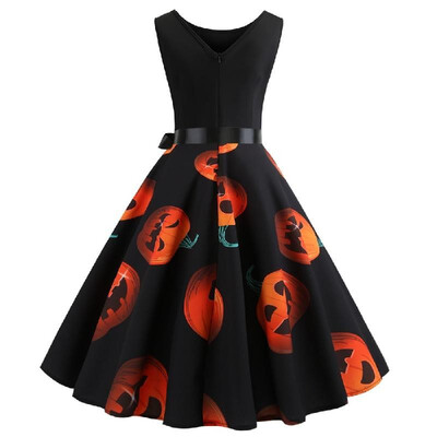 

Z1134 Cross-border Halloween retro womens round neck sleeveless black upper body stitching pumpkin face print big swing skirt Ora