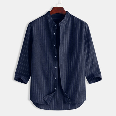

Toponeto Summer mens casual striped stand collar 7 points sleeve button cotton shirt Top