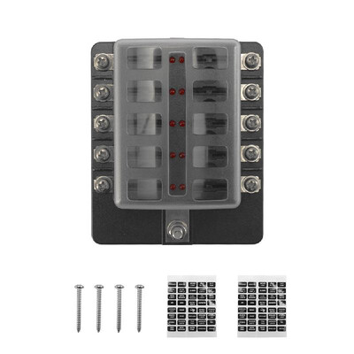 

32V Plastics Cover Fuse Box Holder M5 Stud With LED Indicator Light 10 Ways Blade for Auto Car Boat Marine Trike