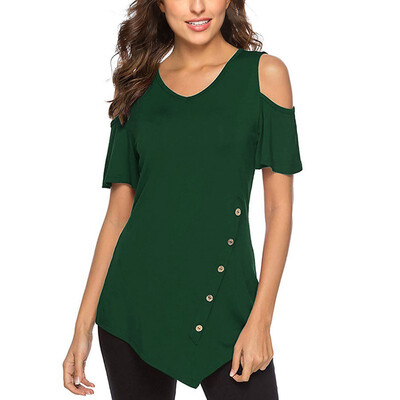 

Womens V Neck Short Sleeve Solid Cold Shoulder Irregular T-Shirt