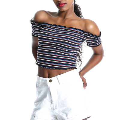 

Starmoon Women Off Shoulder Stripe Ruffled Short Sleeve Casual T-Shirt Tops Blouse Vest