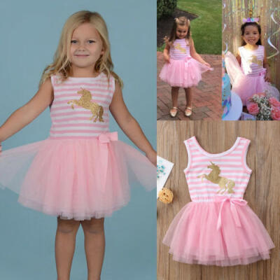 

Girls Unicorn Tulle Dress Striped Princess Party Birthday Sundress Toddler 0-5Y