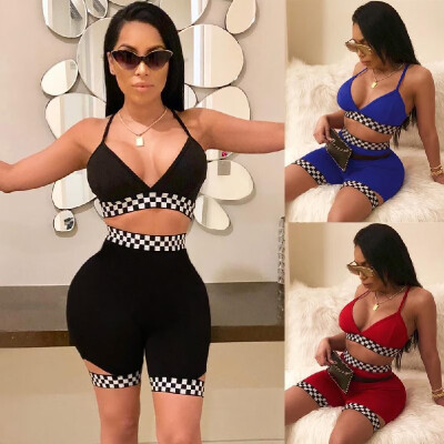 

Sexy Women Checkboard Two Piece Set Summer Outfits V Neck Crop Top&Shorts Club Tracksuits