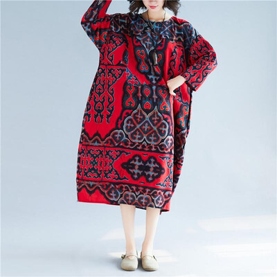 

Vintage Women Cotton Linen Dress O Neck Raglan Three Quarter Sleeve Print Pockets Casual Plus Size Loose Midi Dress