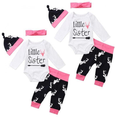 

Little Sister 4pcs Set Nerwborn Infant Baby Girls Romper Jumpsuit BodysuitDeer Pants Hat Headband Outfits Clothes 0-18M