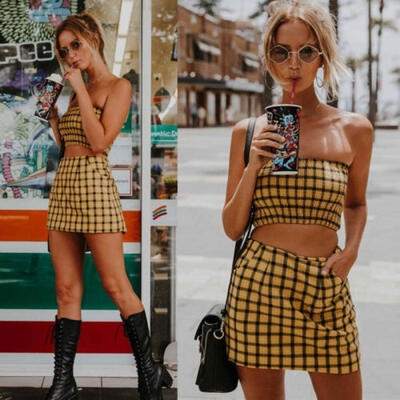 

New Fashion Lattice Chest Short Skirt Two-piece women Shoulder Slim Mini Dress Bodycon Party Skirt Set