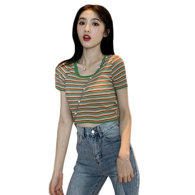 

Women Striped Short Knit Tee Shirt Sexy U-neck Short-sleeved T-shirt Female Short Shirt