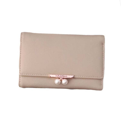 

Women Solid Color Faux Pearl Trifold Wallet Faux Leather Purse Card Cash Holder