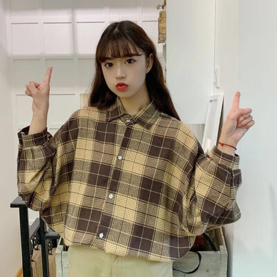 

Fashion Plaid Shirt Female College Style lapel Blouses Long Sleeve Shopping Travel Dating Work Tops 2019