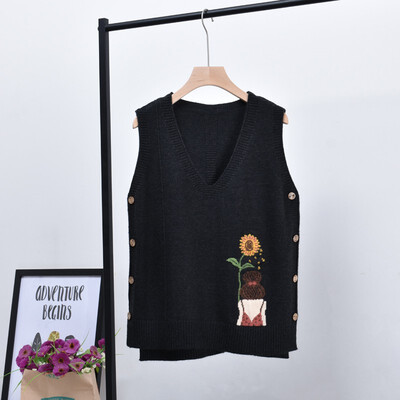 

Autumn Winter New Embroidered Flower Pattern Vest Fashion Sweet V-neck Sleeveless Women Knit Tank Top
