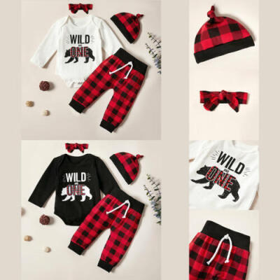 

Toddler Baby Boy Girls Kids Long Sleeve Bodysuit Plaid Pants Winter Clothes 4PCS