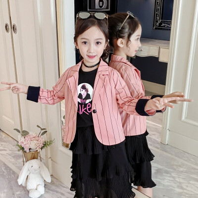 

Baby Girl Coat 3-8T Cute Kids New Autumn Girls Lapel Long Sleeve Stripes Print Single-breasted Pocket Long Winter Coat Outerwear