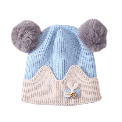 

Newborn Hat Toddler Kids Baby Warm Winter Wool Hat Cartoon Print Knitted Beanies Fur Hat With Plush Balls 0-24M